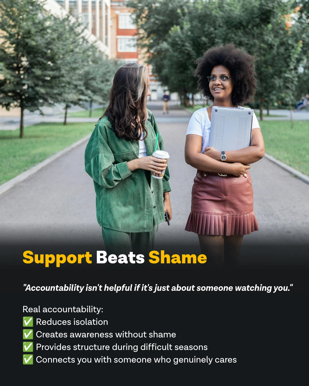 Ever Accountable graphic: support beats shame - real accountability for ADHD and porn use
